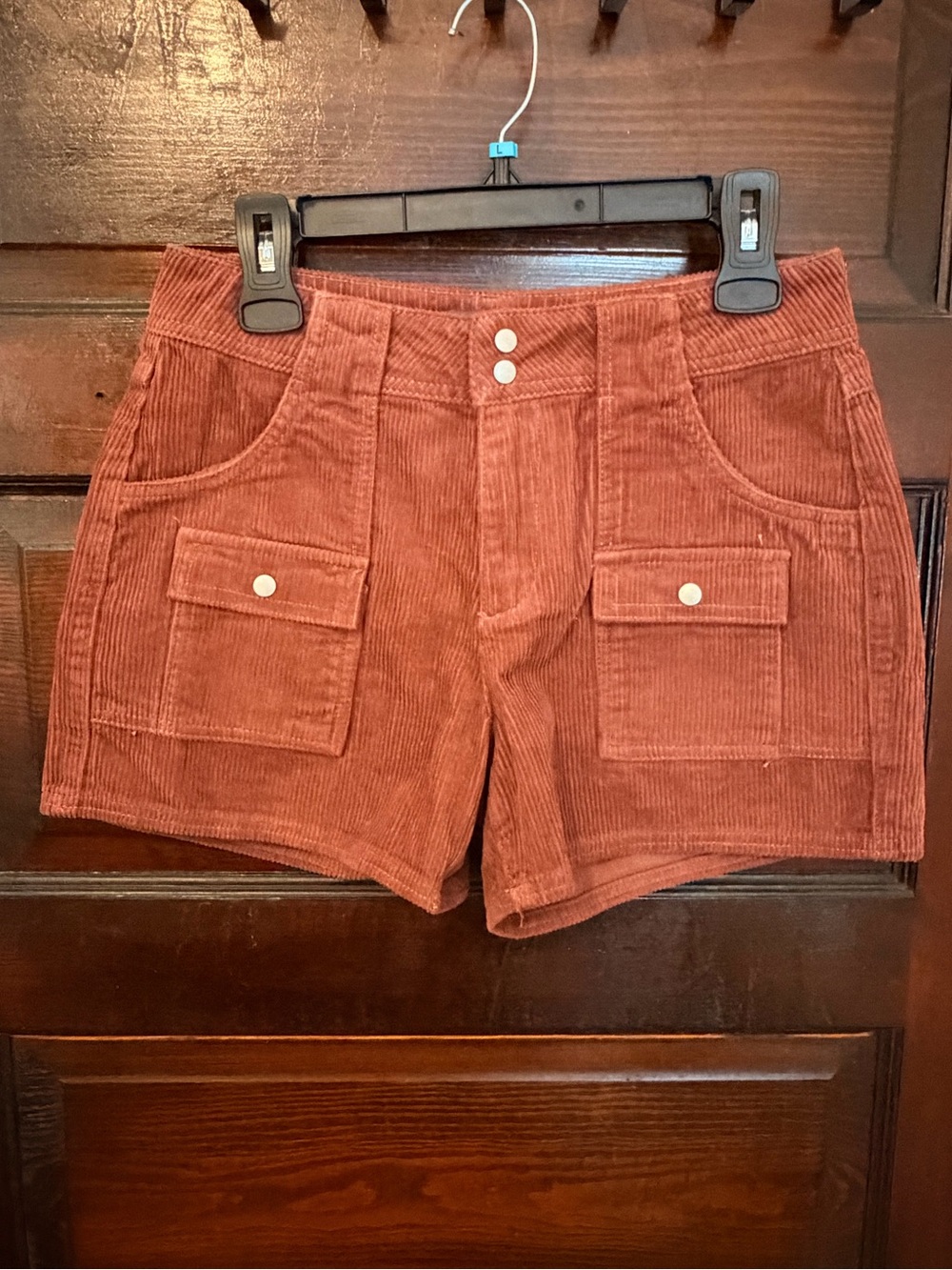 High-Waist Corduroy Utility Shorts in Rust Red